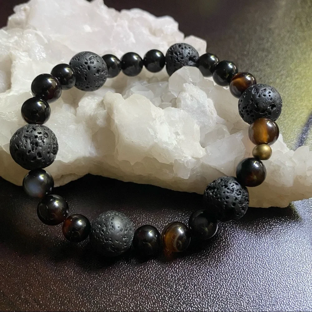 Hand Crafted Bracelet Black Agate & Lava Stretch Unisex Authentic Real Stones